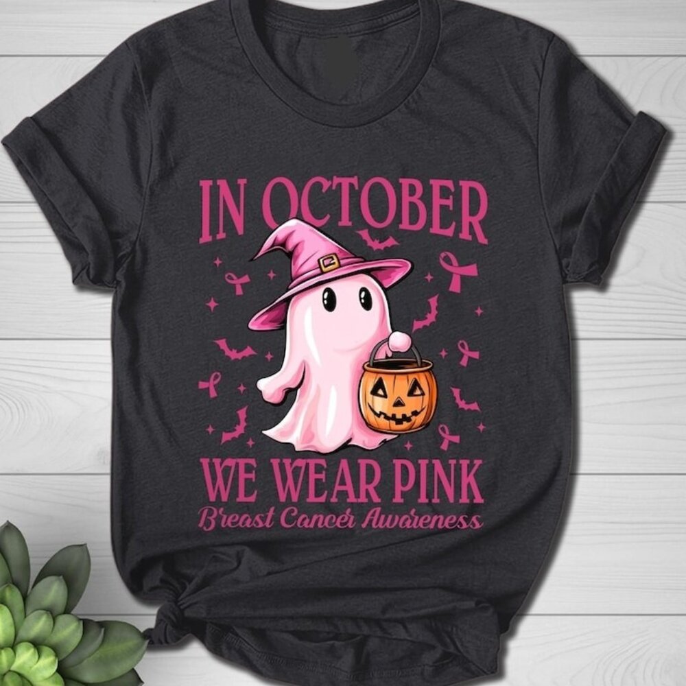 In October We Wear Pink Ghosts Tshirt, Breast Cancer Awareness Halloween Shirt